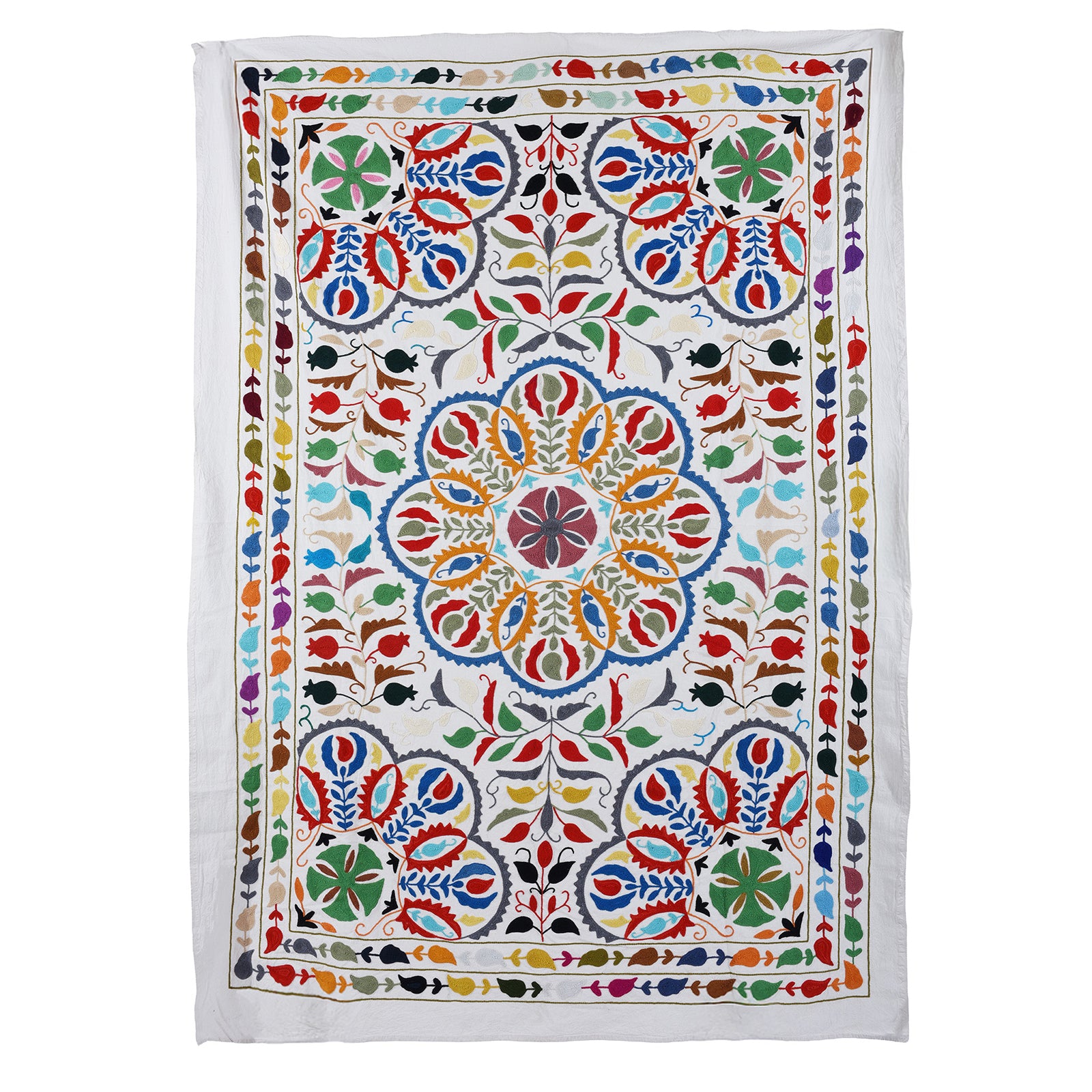 Hand Embroidered Multicoloured Suzani Throw With Floral Silk Embroidery On White Cotton
