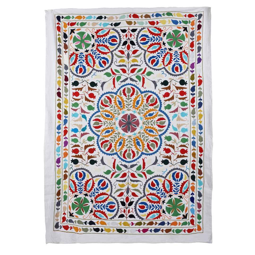 Hand Embroidered Multicoloured Suzani Throw With Floral Silk Embroidery On White Cotton