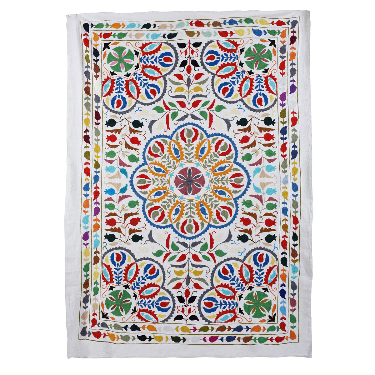 Hand Embroidered Multicoloured Suzani Throw With Floral Silk Embroidery On White Cotton
