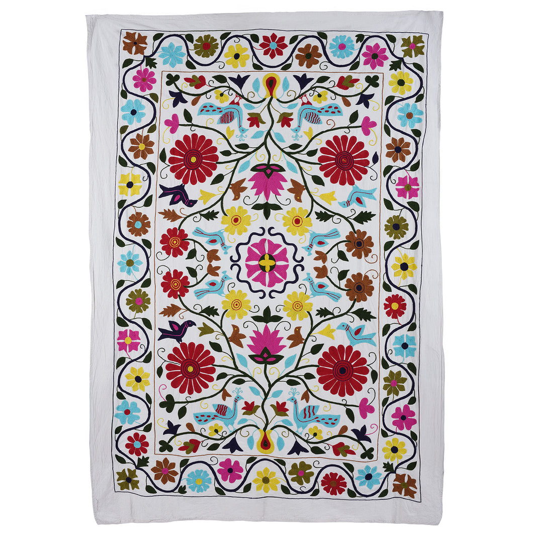 Hand Embroidered Suzani Throw With Colourful Floral And Bird Motifs On White Cotton