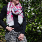 Hand Painted & Hand Embroidered Floral Shawl - Sarong Pink/ White field - 100% Modal