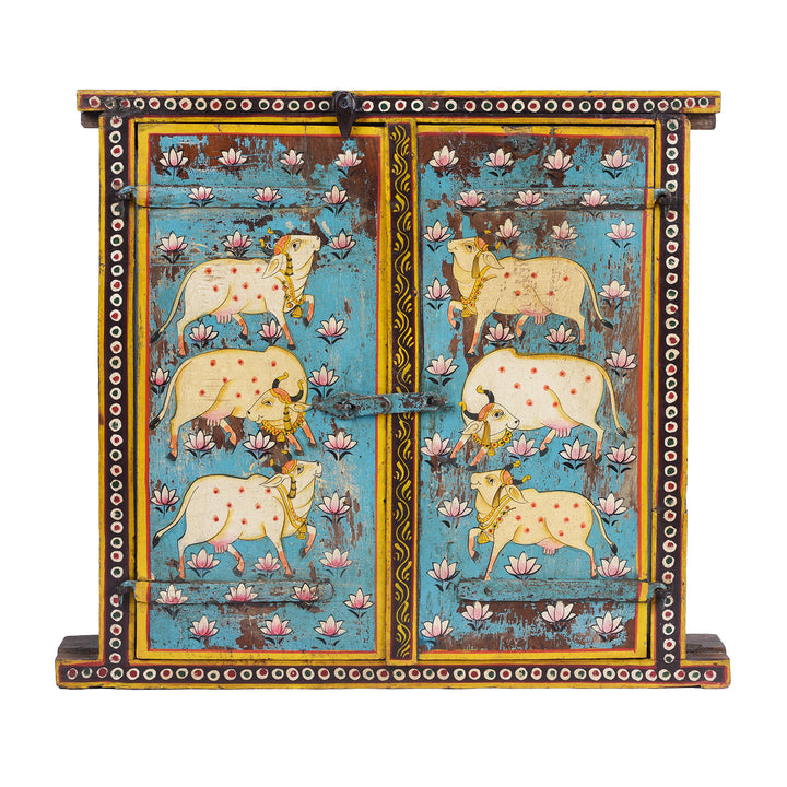 Hand Painted Indian Nandi Window Shutters With Lotus Motifs And Distressed Turquoise Finish | Indigo Antiques