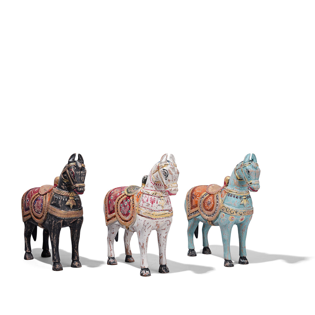 Group Of Hand Painted Wooden Marwari Horse Sculpture From Rajasthan With Traditional Decorative Saddle
