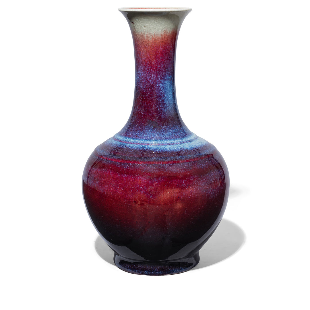 Handcrafted Jingdezhen purple yaobian porcelain trumpet mouth vase with flambé glaze in rich aubergine, crimson and cobalt blue tones and a softly crackled ivory flared rim | Indigo Antiques