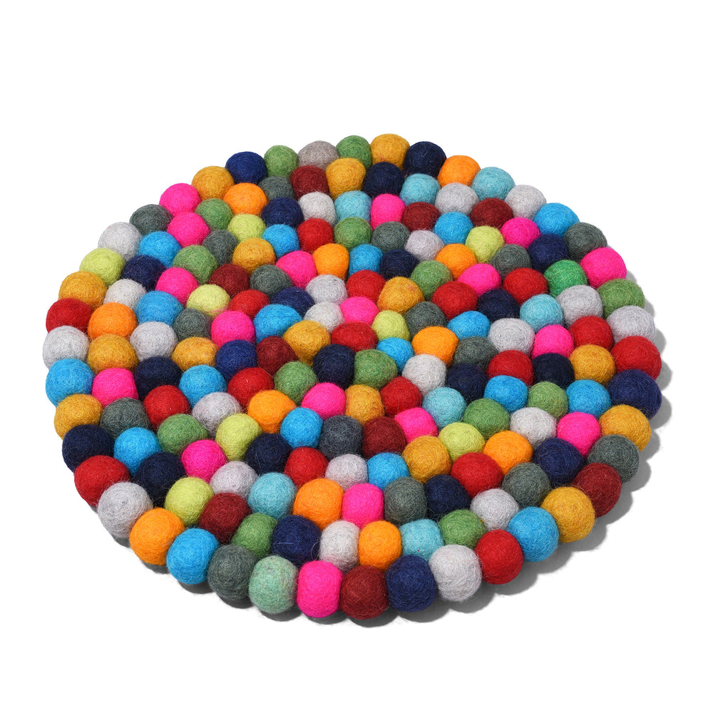 Handmade 28cm multi-coloured felt ball singing bowl cushion from Nepal, crafted from individually hand-felted wool balls to provide a stable and protective base for Tibetan singing bowls
