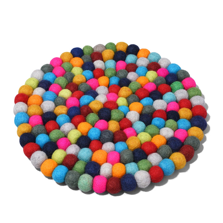 Handmade 28cm multi-coloured felt ball singing bowl cushion from Nepal, crafted from individually hand-felted wool balls to provide a stable and protective base for Tibetan singing bowls
