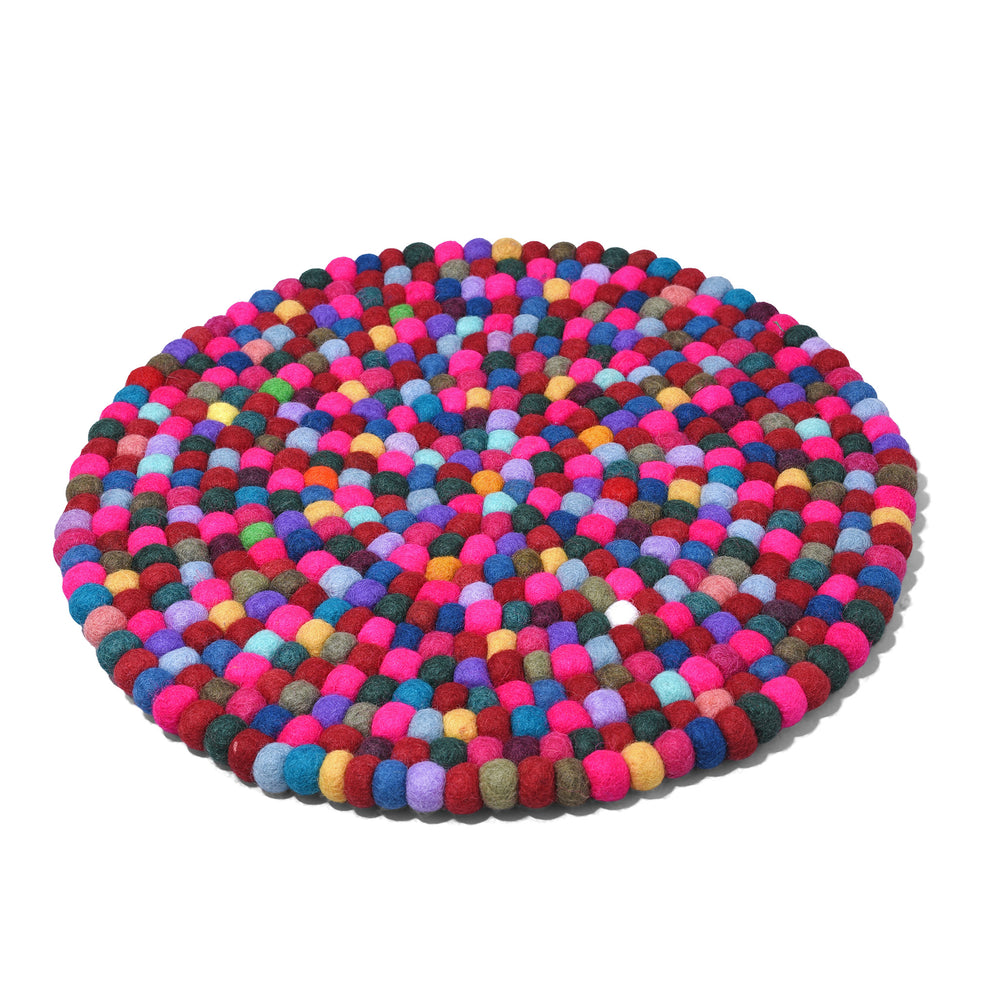 Handmade 35cm multi-coloured felt ball singing bowl cushion from Nepal, crafted from individually hand-felted wool balls to provide a stable and protective base for Tibetan singing bowls