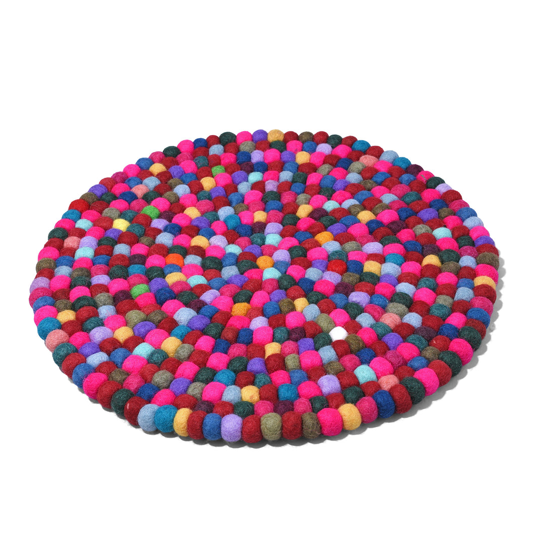 Handmade 35cm multi-coloured felt ball singing bowl cushion from Nepal, crafted from individually hand-felted wool balls to provide a stable and protective base for Tibetan singing bowls