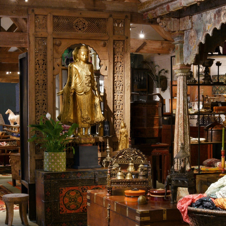 Gilt Burmese Mandalay Buddha in our Wiltshire Showroom | Indigo Antiques
