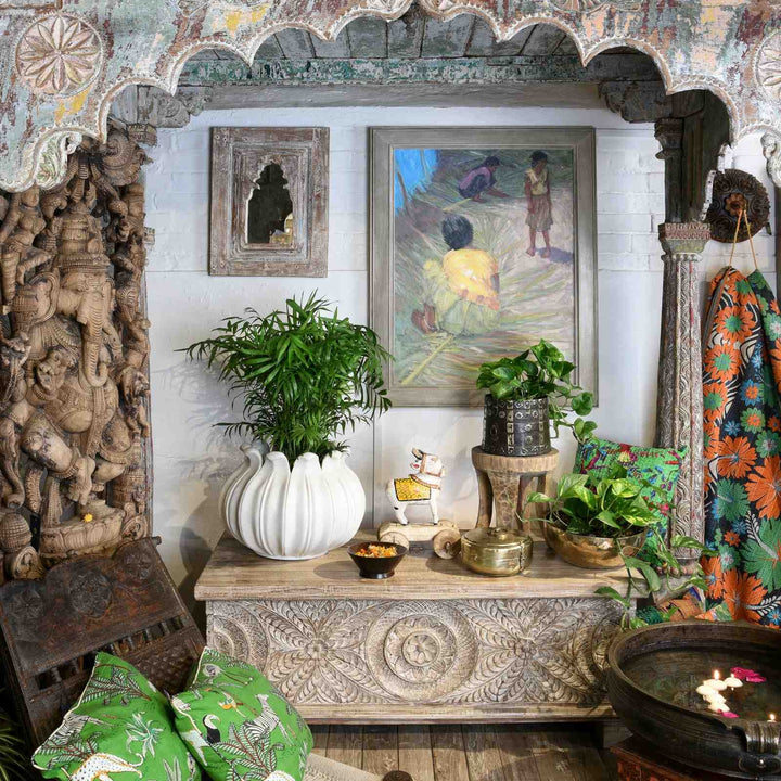 Carved Indian Ganesha Statue in an Indian pavillion alongside art from Charles Rodwell | Indigo Antiques