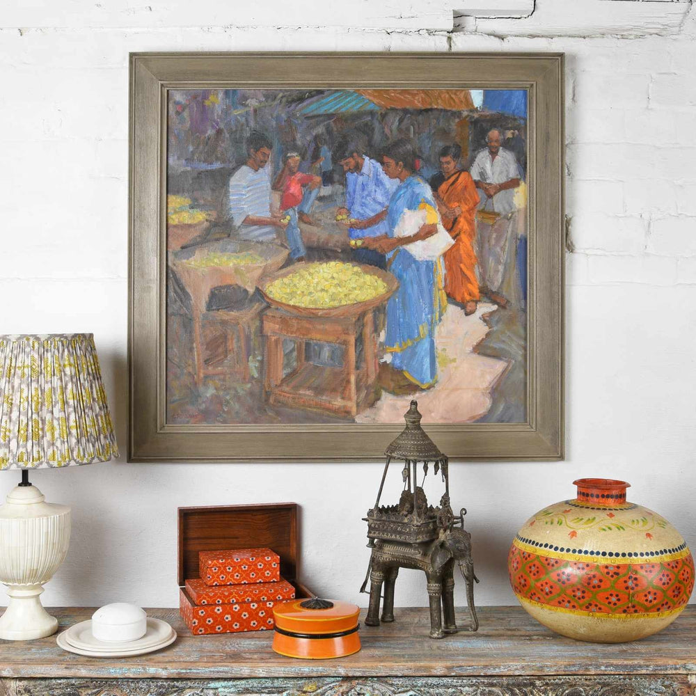 Bastar Tribal Bronze Elephant With an Indian Interior paired with a Charles Rodwell painting | Indigo Antiques