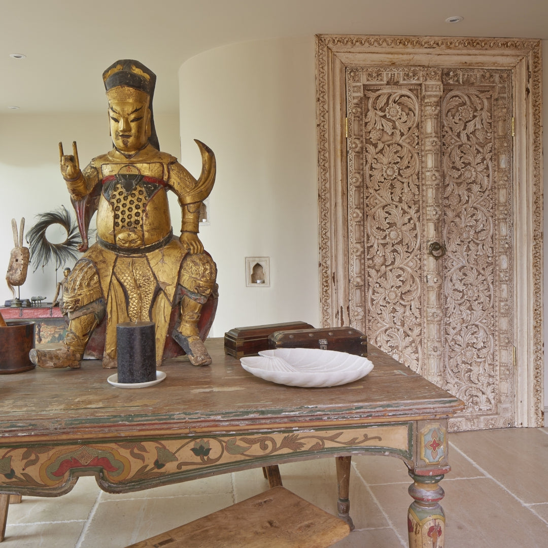 Indian Carved Teak Door & Frame - White Painted Lime - 19thC