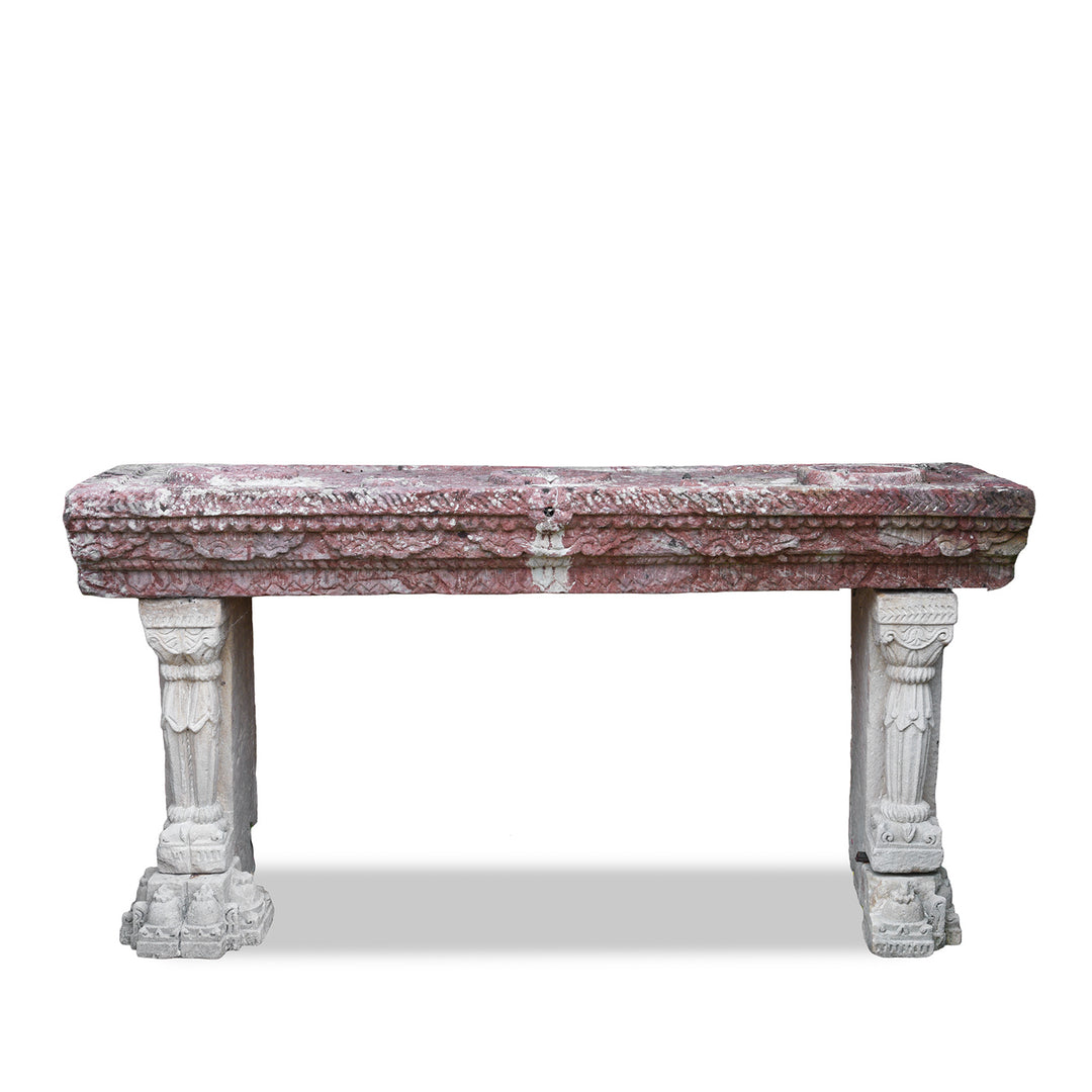 Antique Indian Parinda Water Pot Stand With Carved Red Sandstone Top And Ornate White Stone Legs