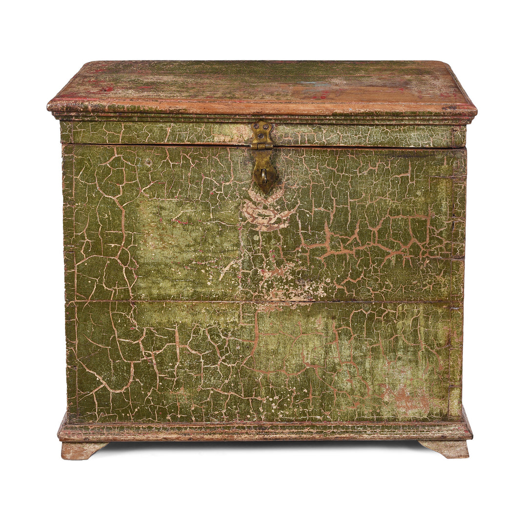 Iron Bound Teak Money Box Chest With Aged Green Patina And Crackled Finish From The 19th Century