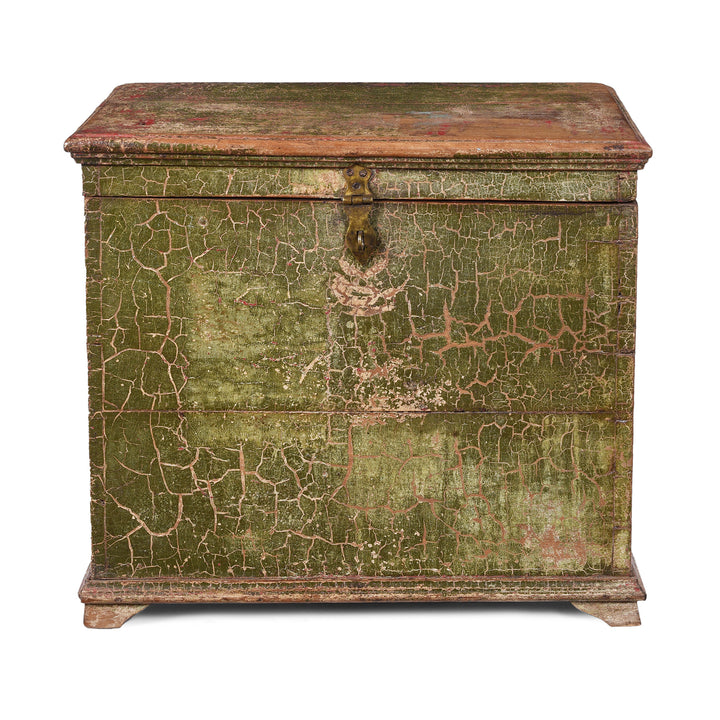 Iron Bound Teak Money Box Chest With Aged Green Patina And Crackled Finish From The 19th Century