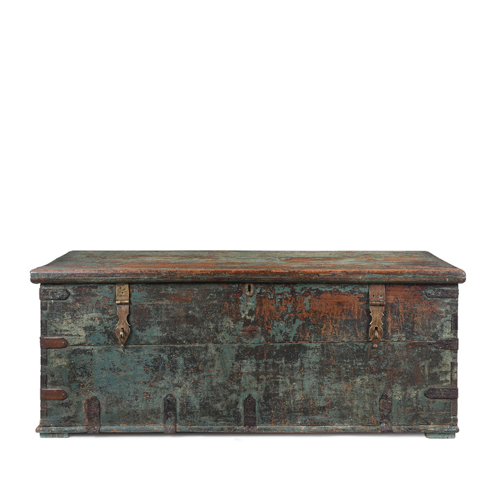 Indian Antique Painted Teak Chest With Distressed Turquoise And Rust Patina And Iron Strap Detailing