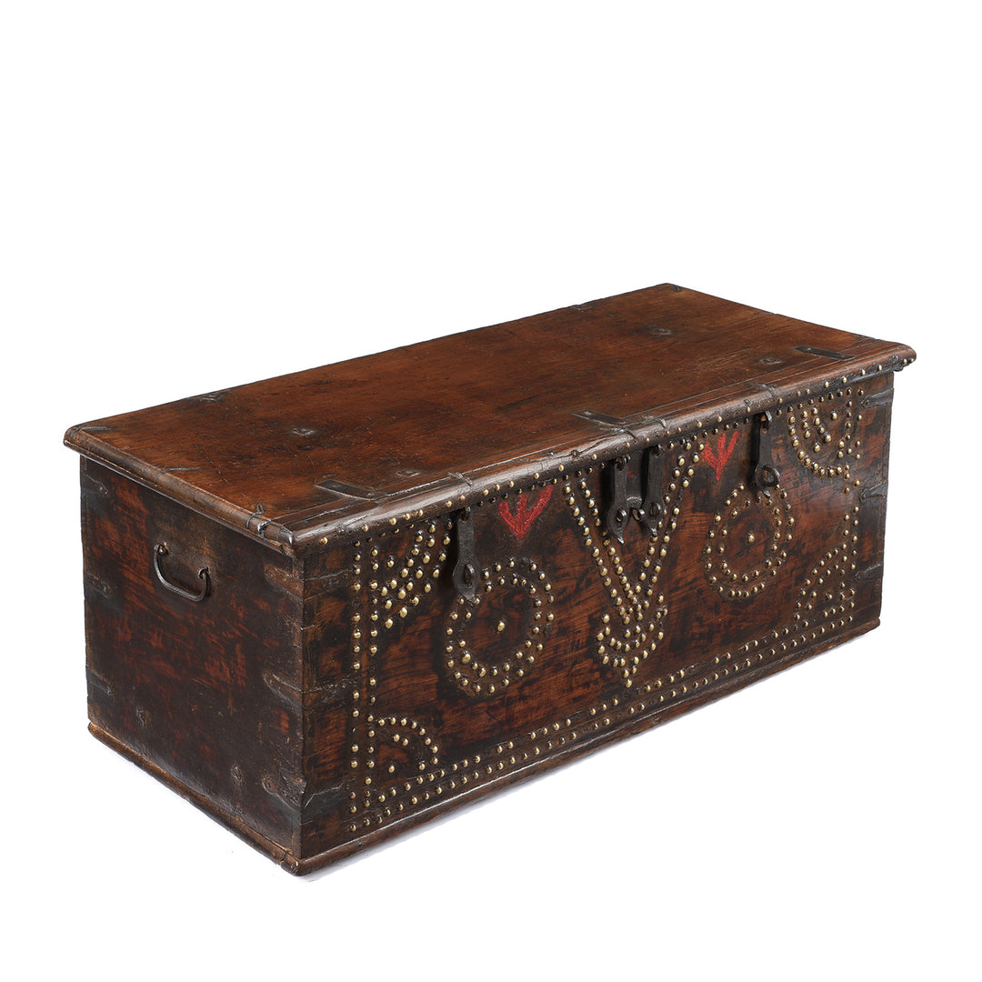 Angled VIew Of Antique Rosewood Studded 'Zanzibar' Chest From Kutch | Indigo Antiques