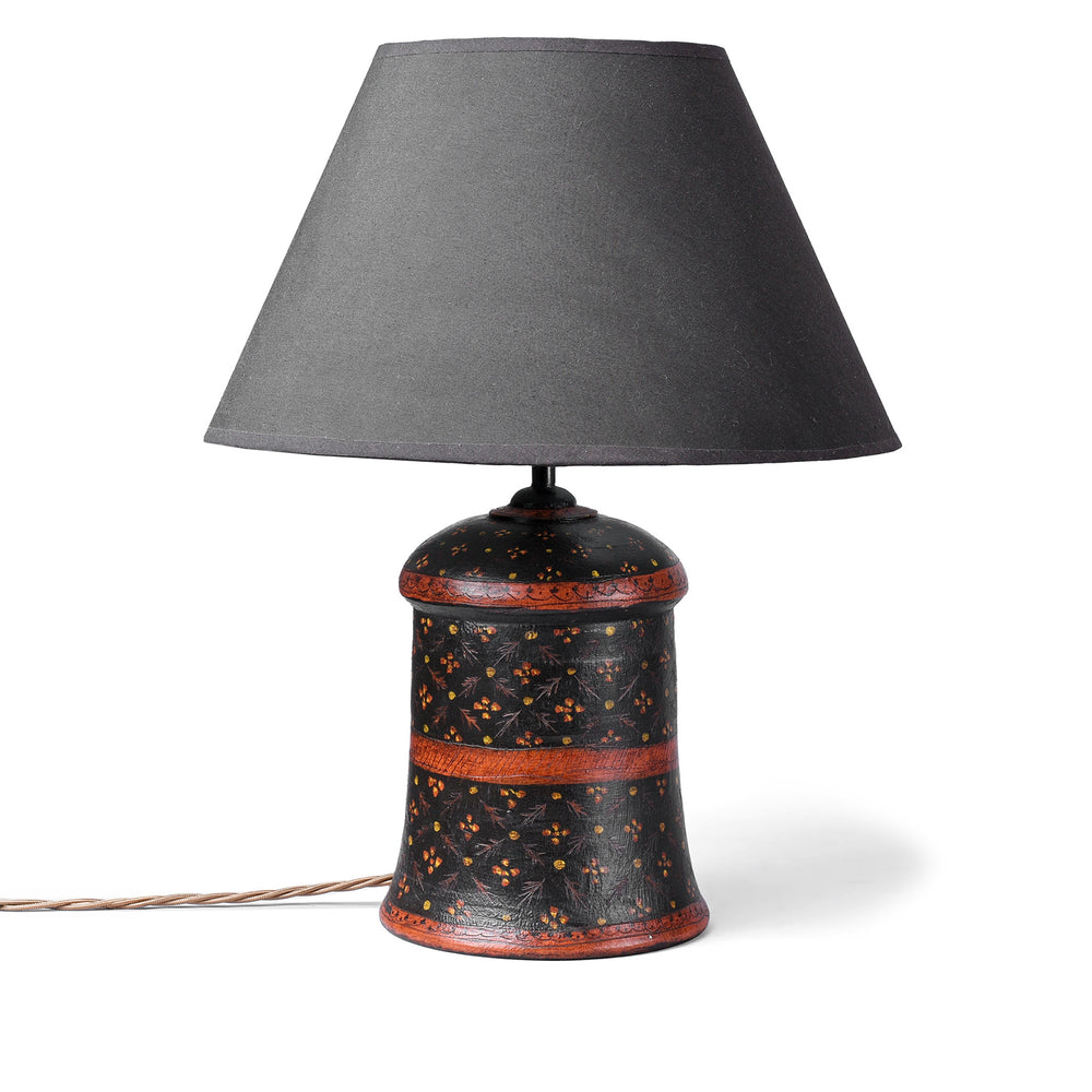 Indian Barma Style Hand Painted Wooden Table Lamp With Floral Pattern And Dark Finish | Indigo Antiques