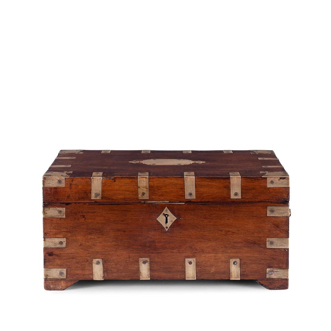 Small Brass Bound Anglo Indian Teak Military Chest 19th Century With Original Fittings And Handles