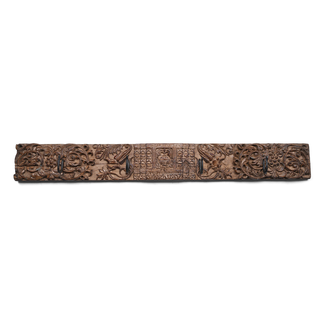 Indian Carved Teak Coat Hook With Floral Panels And Iron Hooks