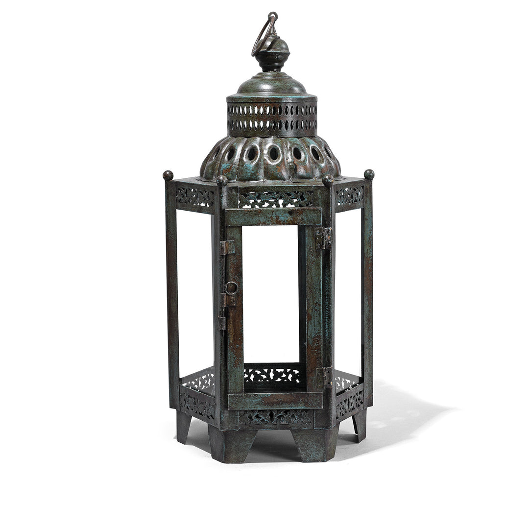 Indian Glass Lantern, Green Distressed Paint | Indigo Antiques