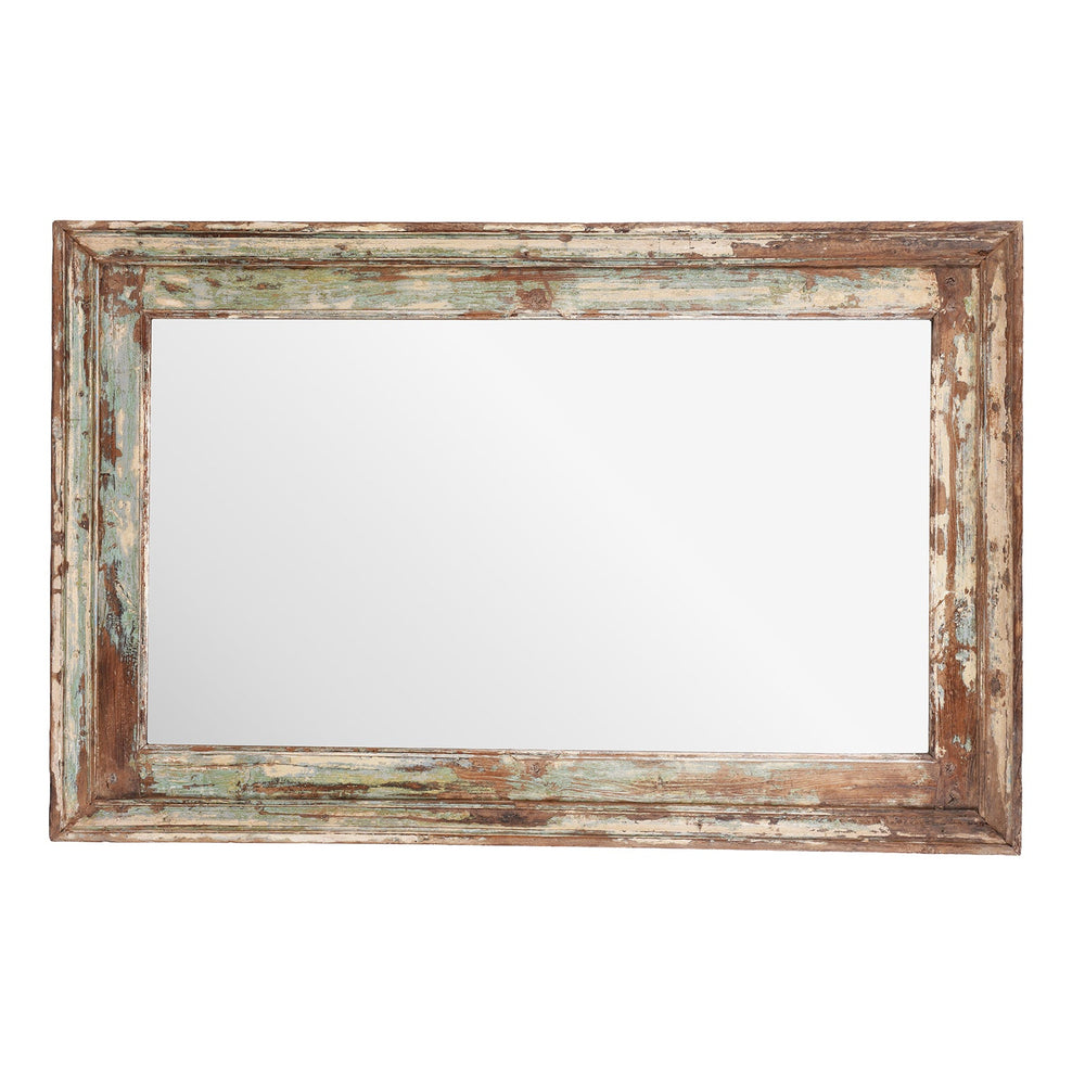 Antique-style mirror with a weathered wooden frame on a white background