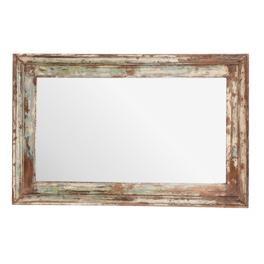 Antique-style mirror with a weathered wooden frame on a white background