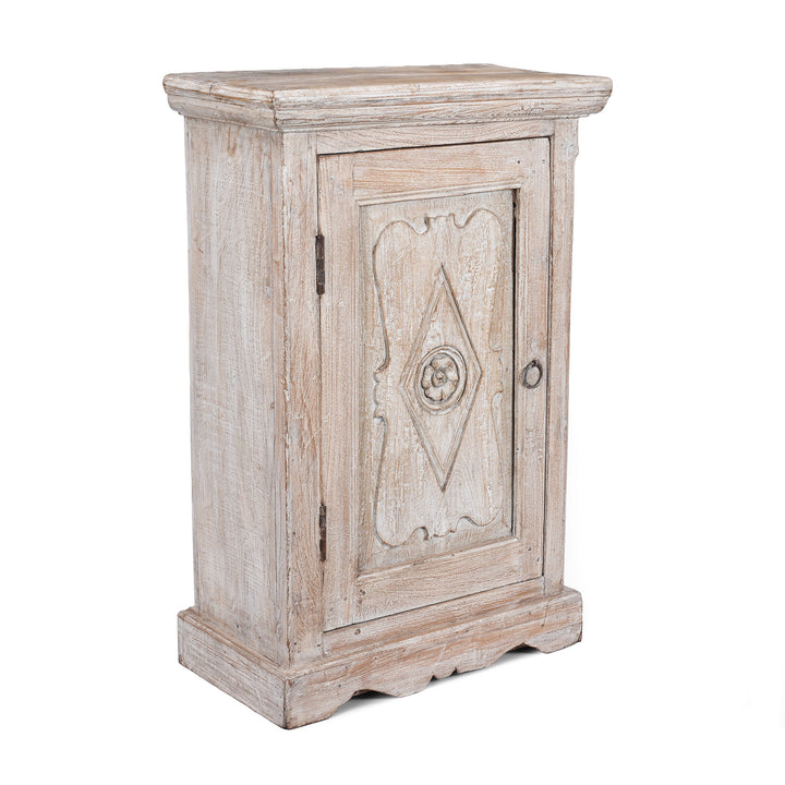 Angled View Of Indian Reclaimed Teak Bedside Cabinet With Carved Door Panel