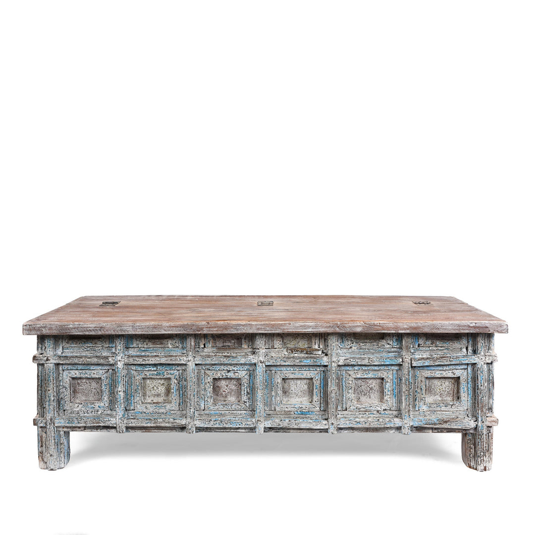 Reclaimed Teak Coffee Table Chest With Carved Geometric Panels And Blue Painted Weathered Patina Finish
