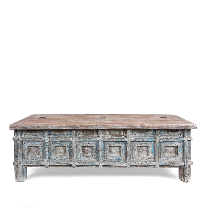 Reclaimed Teak Coffee Table Chest With Carved Geometric Panels And Blue Painted Weathered Patina Finish
