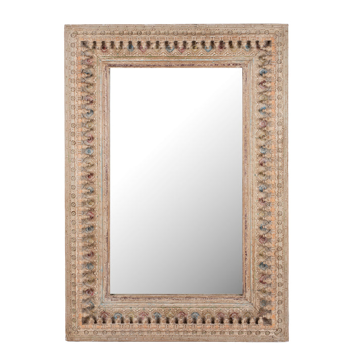 Indian Rectangular Hand Carved Mango Wood Mirror With Painted Floral And Geometric Detailing