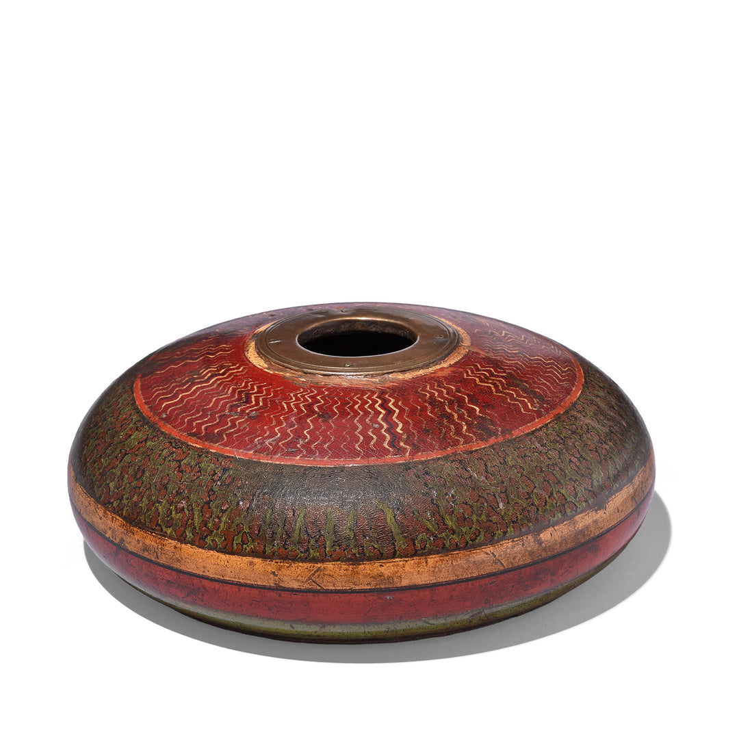 Lacquered Tobacco Box From Rajasthan With Red Wave Pattern And Green Speckled Design Without Lid
