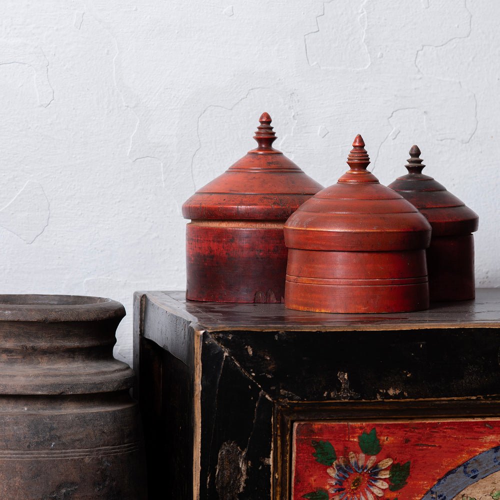 Collection Of Indian Red Lacquer Pot From Uttar Pradesh With Finial Lid And Aged Patina