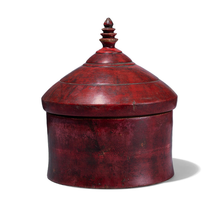 Indian Red Lacquer Pot From Uttar Pradesh With Finial Lid And Aged Patina