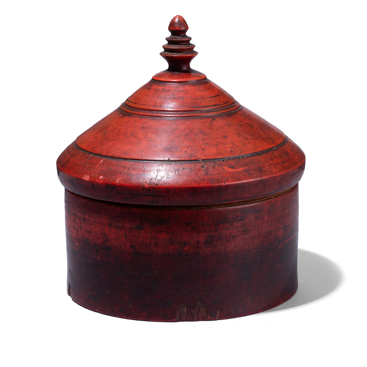 Indian Red Lacquer Pot From Uttar Pradesh With Finial Lid And Aged Patina