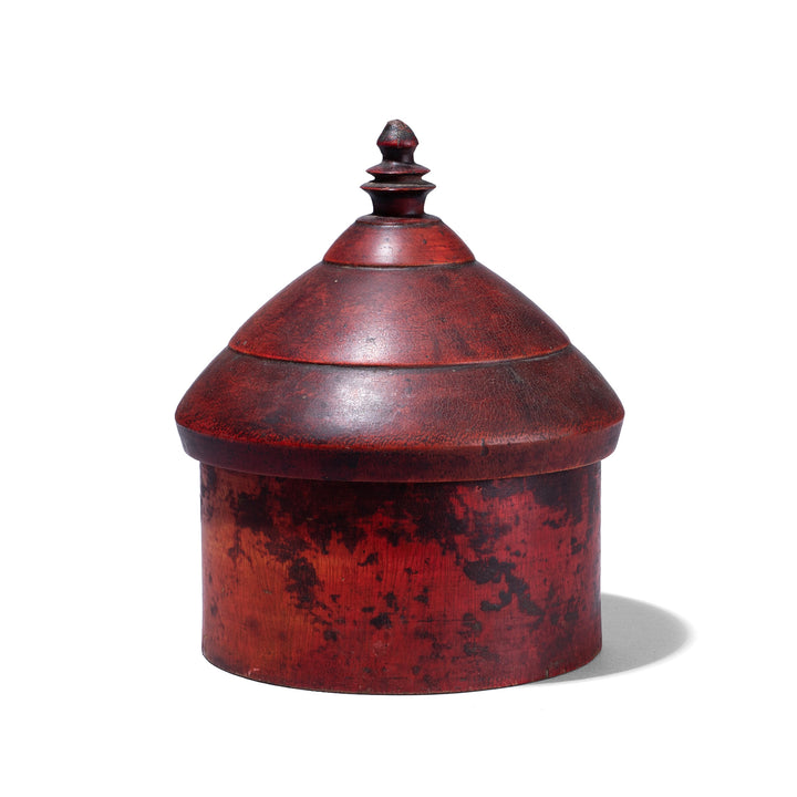 Indian Red Lacquer Pot From Uttar Pradesh With Finial Lid And Aged Patina