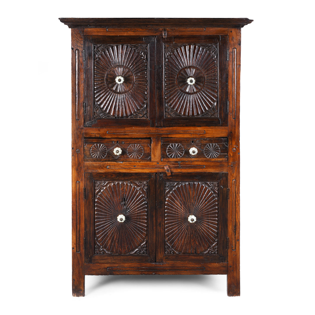 Indian Teak Almirah Cabinet With Hand-Carved Sunburst Panels, Two Drawers And White Ceramic Handles