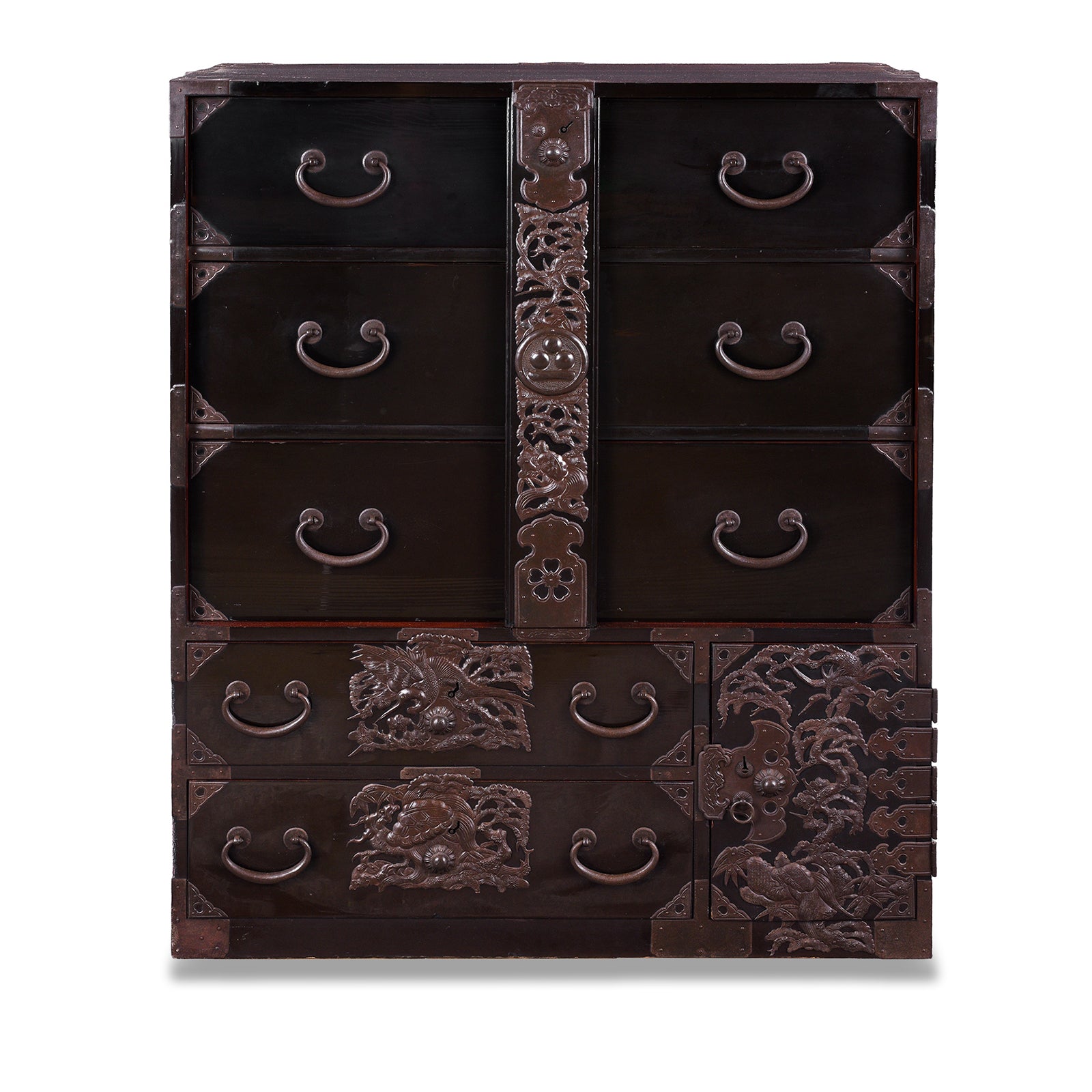 Japanese Black Lacquer Bo Dansu From Tsuruoka Yamagata Meiji Period With Repoussé Ironwork Kamon Crest Secret Compartments And Original Key | Indigo Antiques