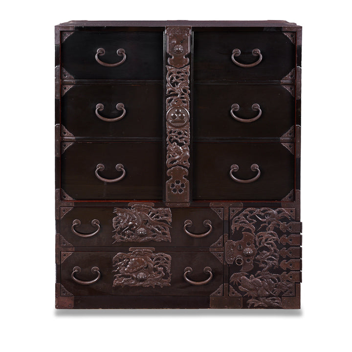 Japanese Black Lacquer Bo Dansu From Tsuruoka Yamagata Meiji Period With Repoussé Ironwork Tsuta Kamon Crest Secret Compartments And Original Key | Indigo Antiques