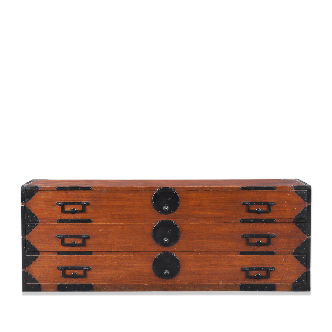 Japanese Edo Period Katana Dansu Sword Chest In Cryptomeria With Three Long Drawers Hand Forged Iron Fittings And Side Carrying Handles | Indigo Antiques
