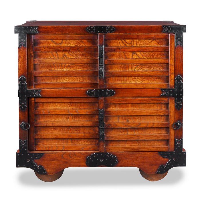 Japanese Edo Period Yonezawa Kuruma Dansu In Keyaki Wood With Urushi Lacquer Original Ironwork Sliding Doors Hidden Drawers And Wheels | Indigo Antiques