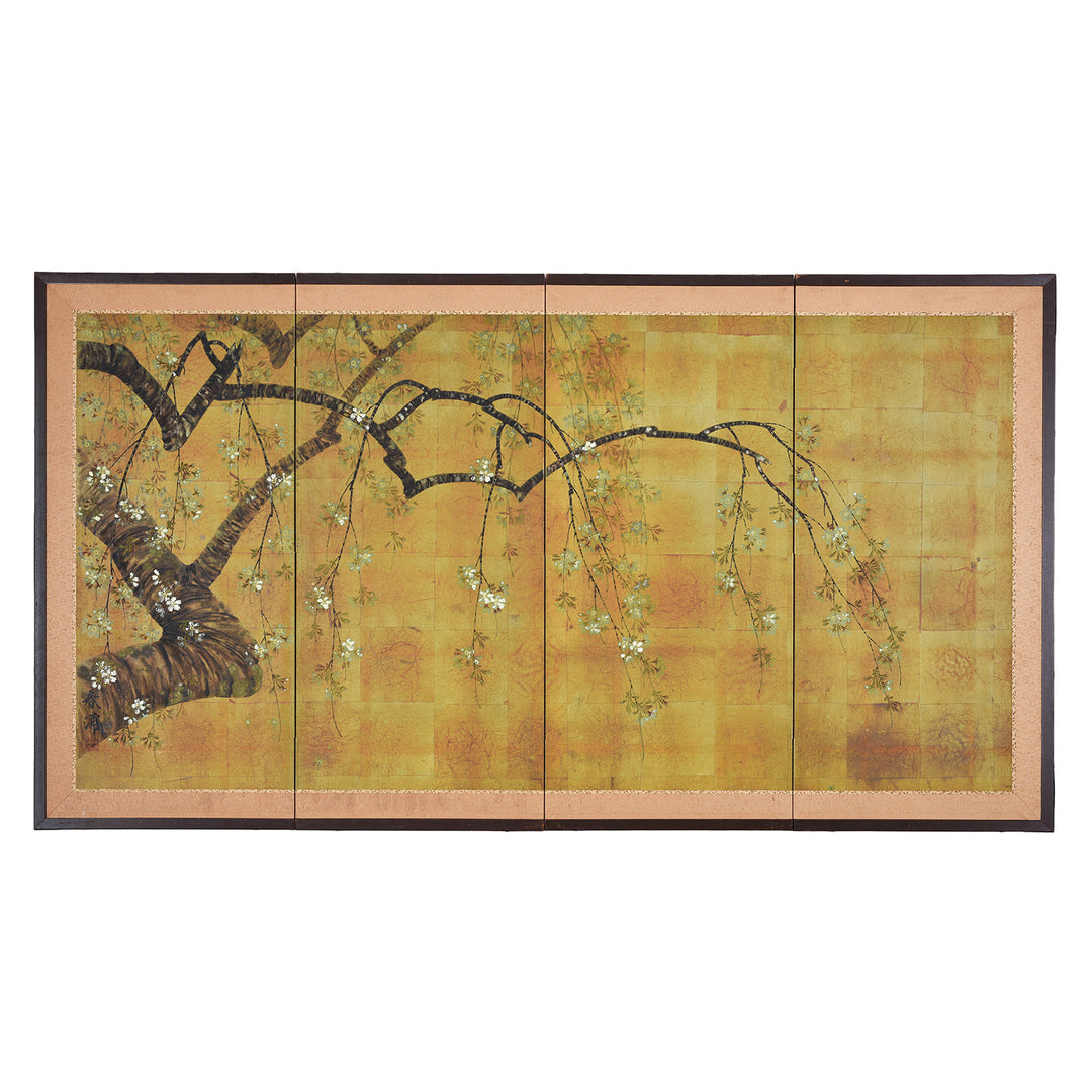 Antique Japanese Four-Panel Rinpa Screen With Blossoming Tree Branch on Gold-Leaf Background