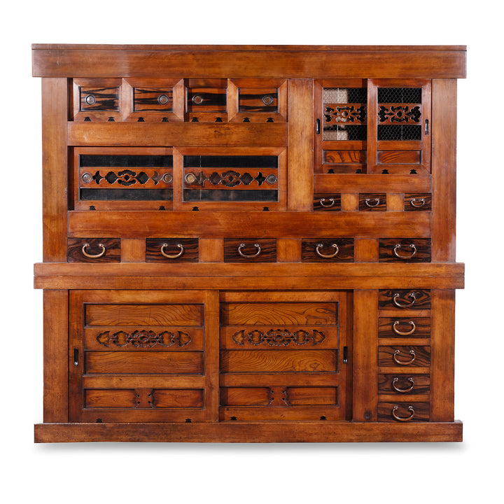 Japanese Meiji Period Mizuya Dansu Kitchen Chest With Sliding Doors And Multiple Drawers In Mixed Native Woods