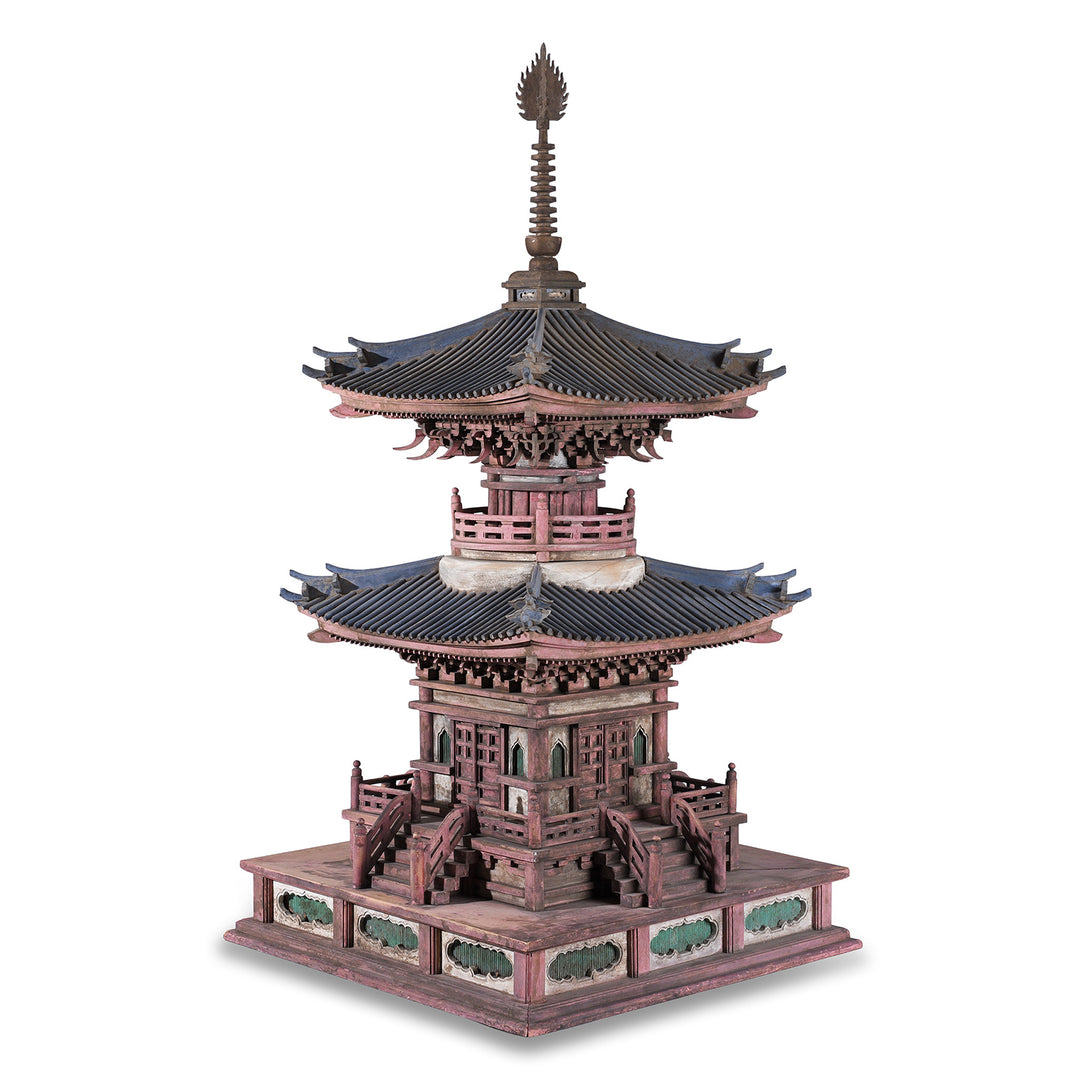 Angled View Of Japanese Meiji Period Tahoto Buddhist Pagoda Architectural Model With Polychrome Painted Wood And Plaster Construction | Indigo Antiques