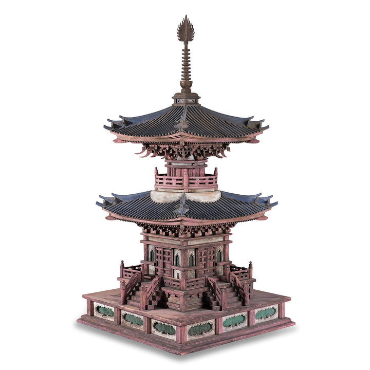 Angled View Of Japanese Meiji Period Tahoto Buddhist Pagoda Architectural Model With Polychrome Painted Wood And Plaster Construction | Indigo Antiques