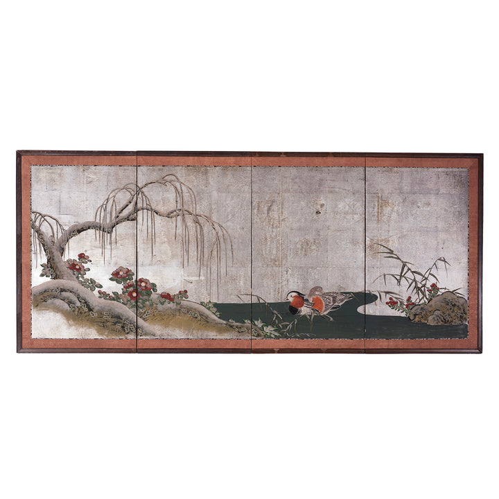 Silver Leaf Rinpa Style Japanese Byobu Screen With Willow Tree And Mandarin Ducks Edo Period Circa 1850