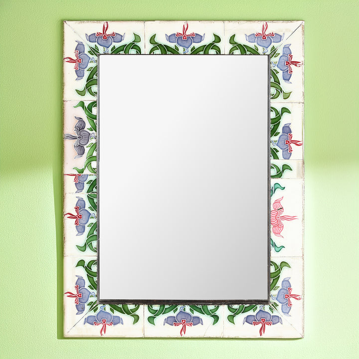 Art Deco Peranakan Ceramic Tile Mirror - Majolica Style | Indigo Antiques