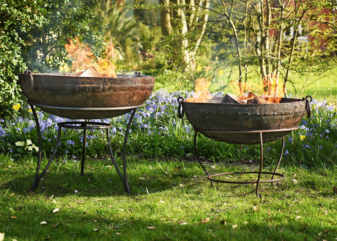 Antique Indian Kadai Fire Bowl With Grill On Stand Hand Forged Iron Rajasthan 1920s