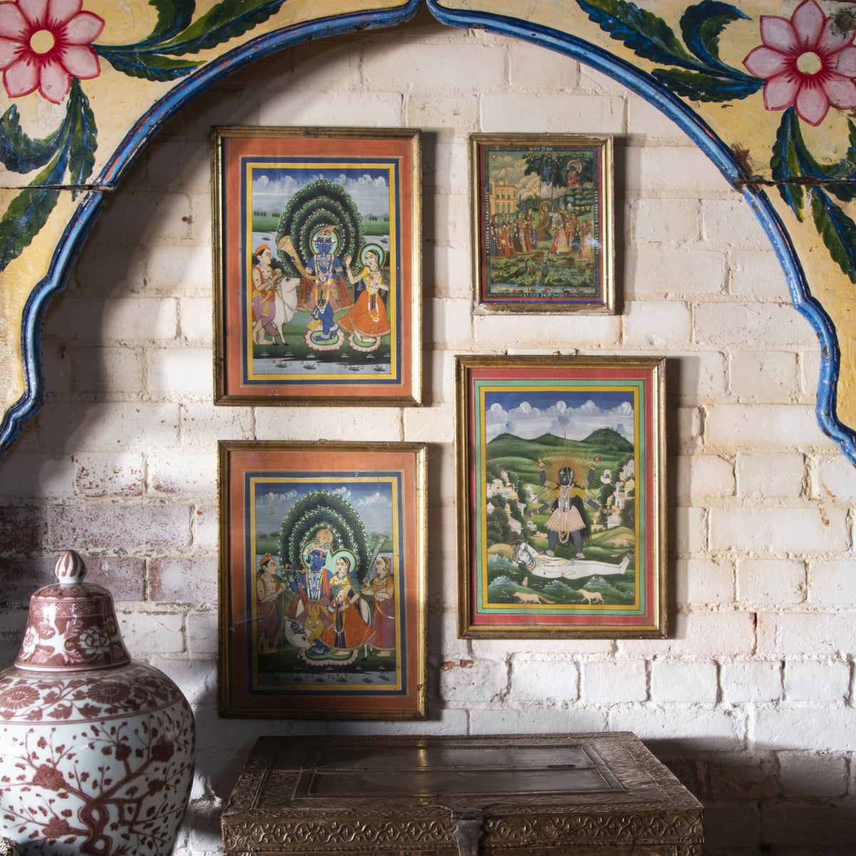 Framed Indian Krishna Radha paintings in an Indian Interior