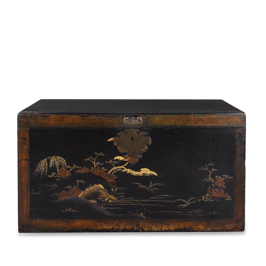 Lacquered Oak Japanese Export Chest With Gold Takamaki E Landscape Decoration | Indigo Antiques